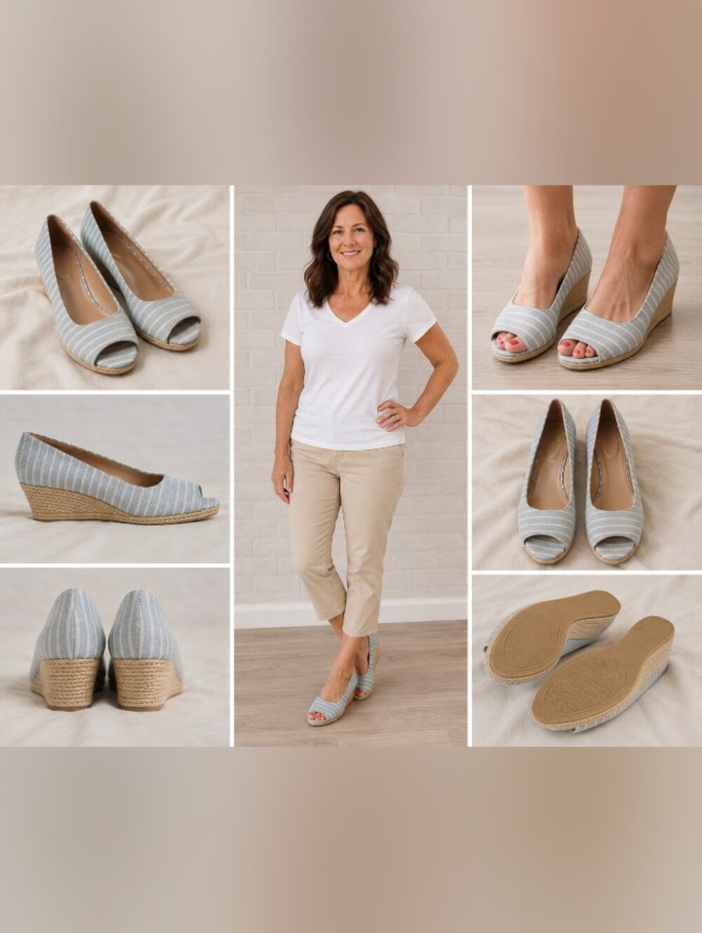 bandolino striped peep toe espadrille wedge shoes 9m new